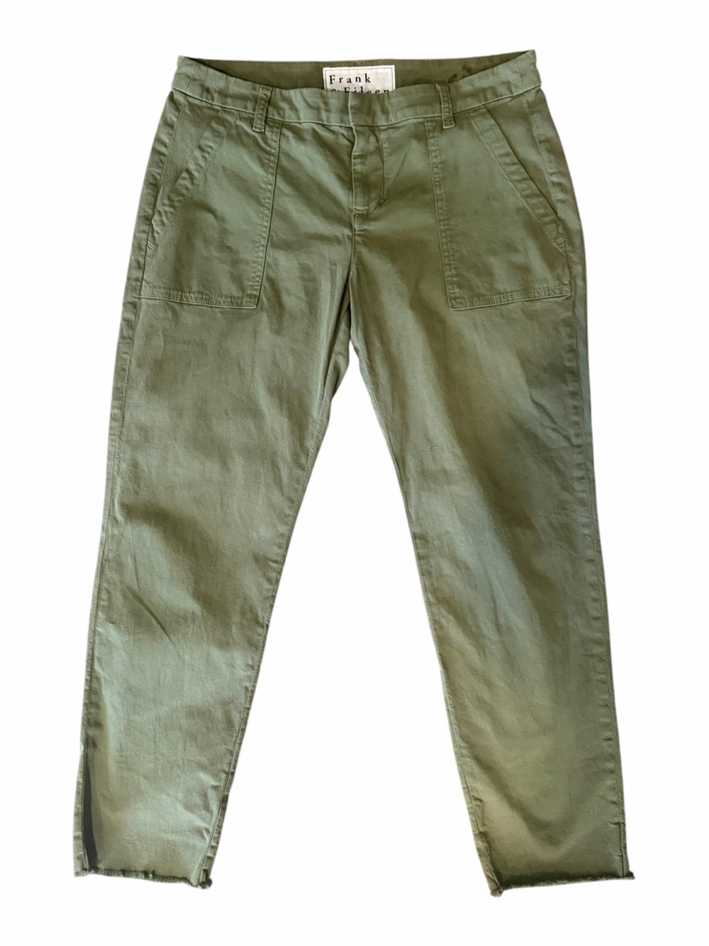 Frank & Eileen Blackrock Olive Green Utility Pants Straight Leg Raw Hem Size 8